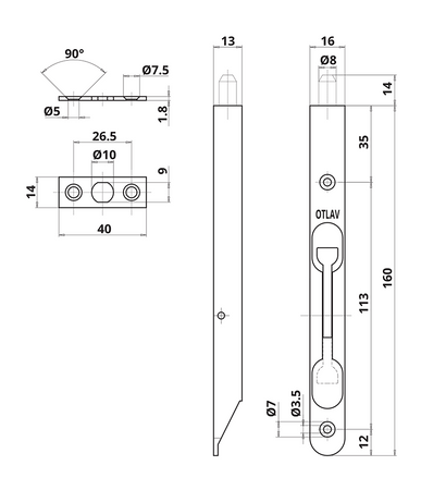 ZASUWA CZOŁOWA OT 260 ZAOKRĄGLONA NIKLOWANA DŁUGOŚĆ 160 mm