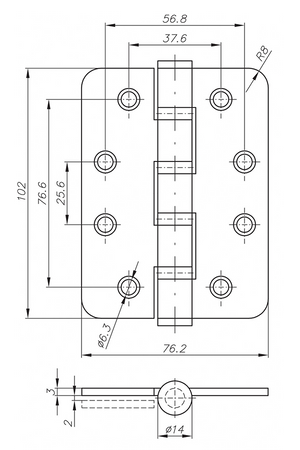 ZAWIAS SPLATANY ZAOKRĄGLONY 102x76mm STAL NIERDZEWNA